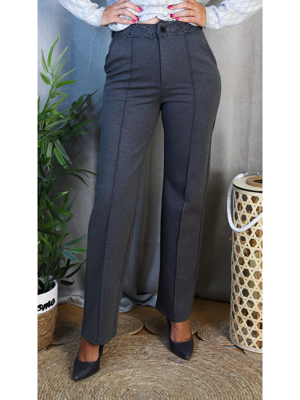 Pantalón Encaje | Pantalón Recto de Tiro Alto con Costura Frontal - LoVi Moda