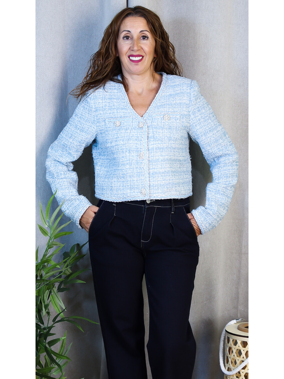 Chaqueta Coco | Chaqueta Tweed Cropped Azul con Botones Joya - LoVi moda