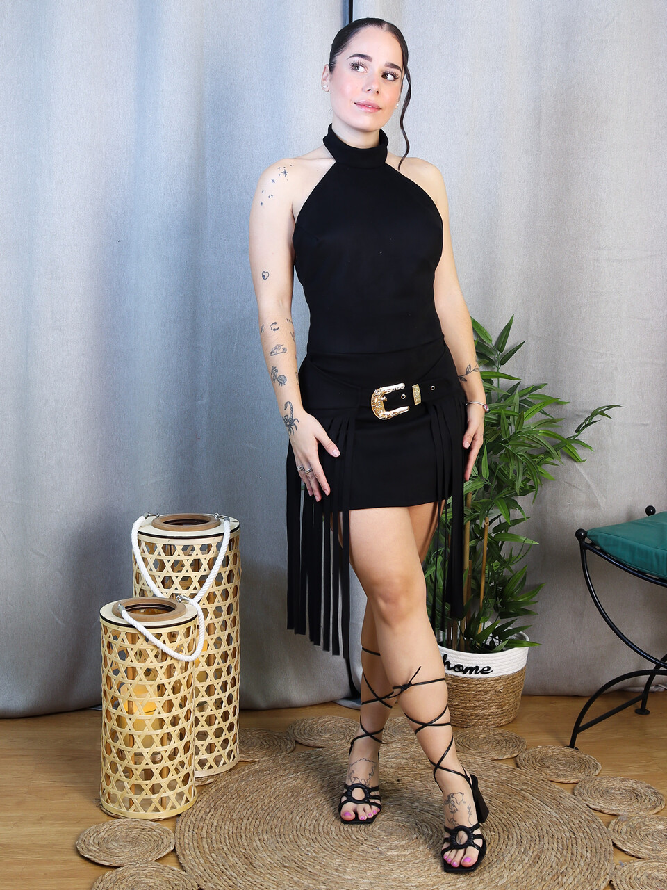 Vestido Flecos Negro o Beige | Sin Mangas con Cinturón Dorado - LoVi Moda