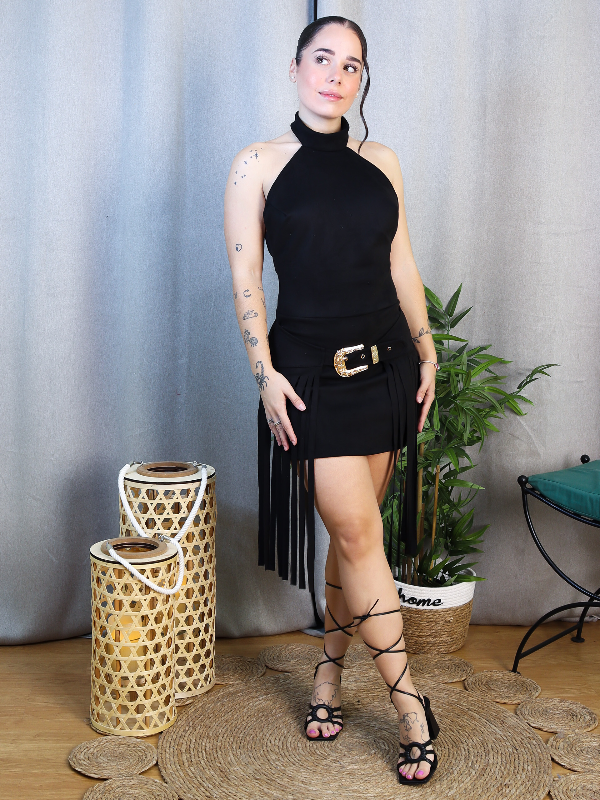 Vestido Flecos Negro o Beige | Sin Mangas con Cinturón Dorado - LoVi Moda