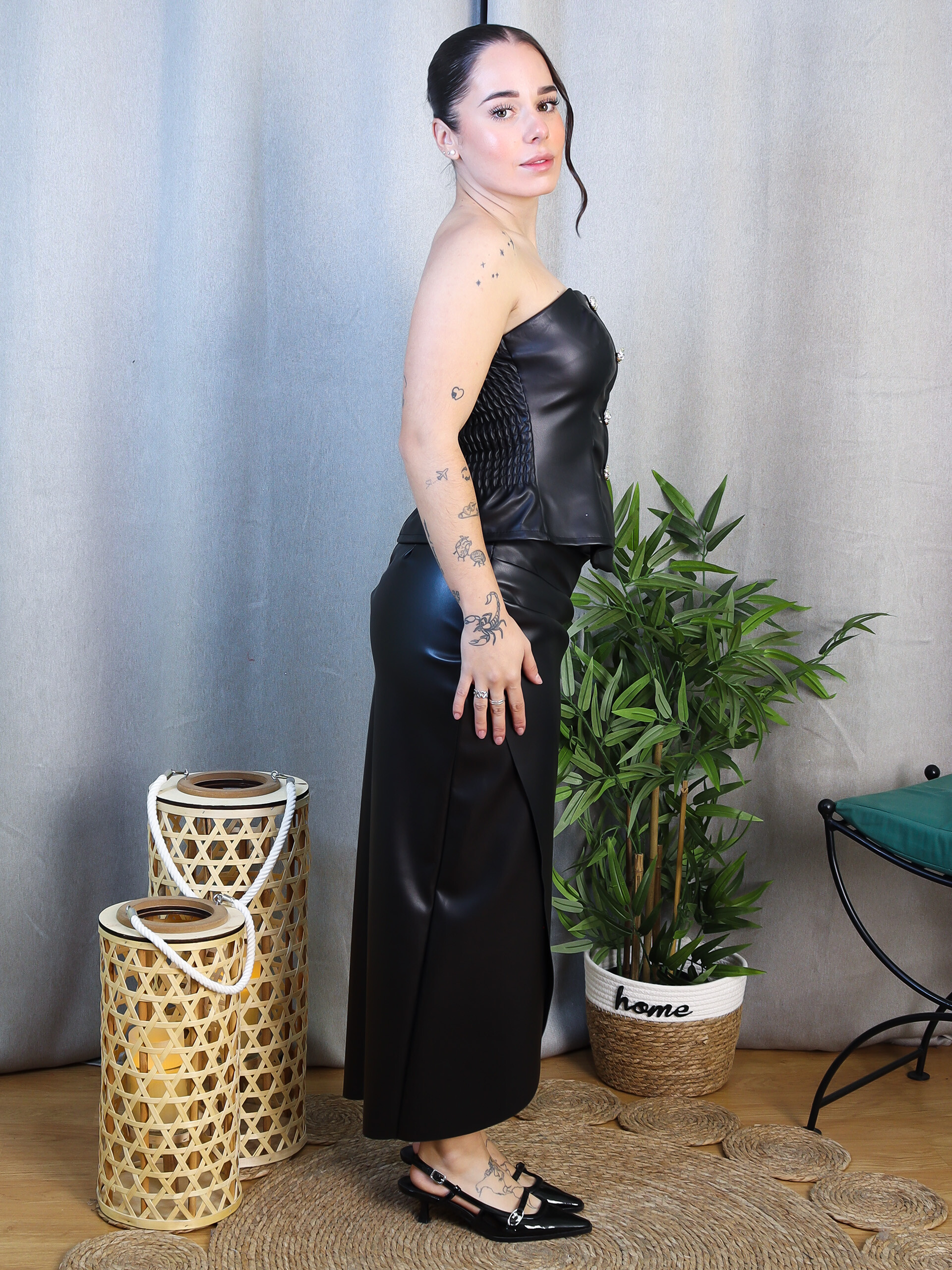 Falda Larga Polipiel Negra | Falda Midi Efecto Cuero Cruzada - LoVi moda