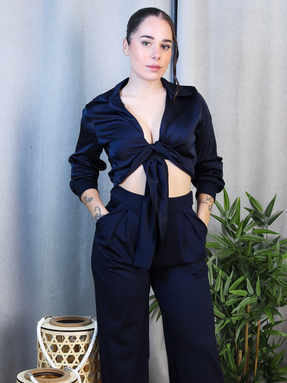 Blusa Raso Nudo Frontal | Top Satén Manga 3/4 Elegante