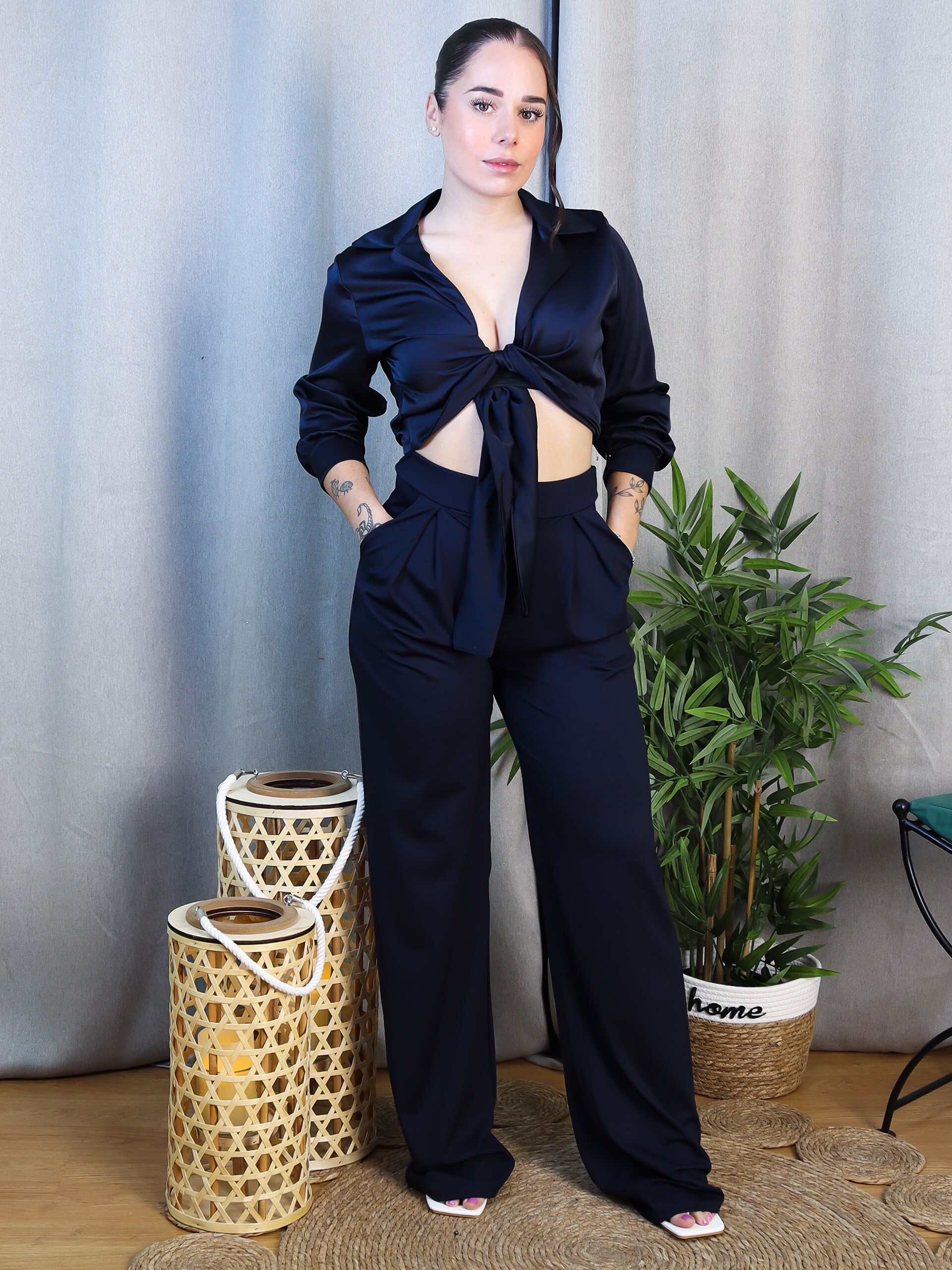 Blusa Raso Nudo Frontal | Top Satén Manga 3/4 Elegante