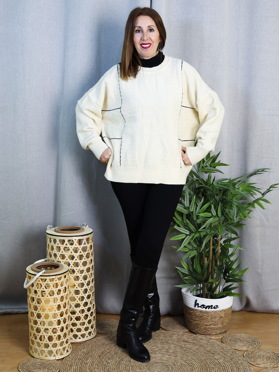 Jersey Pascua de Punto Trenzado con Líneas | Suéter Oversize Crudo | LoVi moda