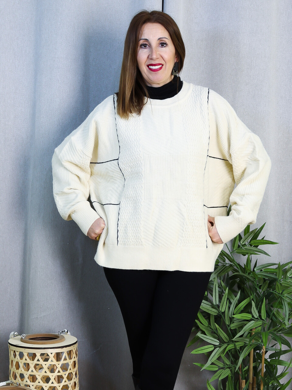 Jersey Pascua de Punto Trenzado con Líneas | Suéter Oversize Crudo | LoVi moda