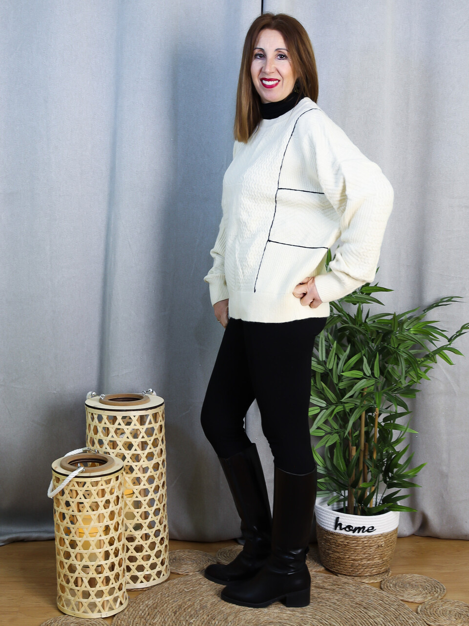 Jersey Pascua de Punto Trenzado con Líneas | Suéter Oversize Crudo | LoVi moda